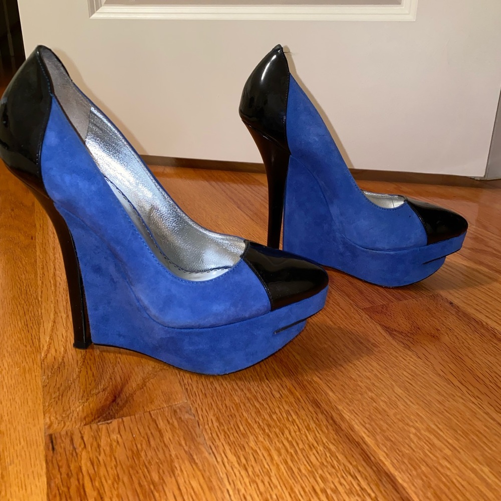 Size 7 Bebe blue and black suede wedges- Used